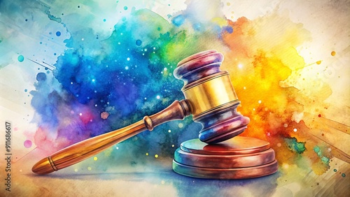 Gavel in Watercolor Splatter, Justice, Law, Court, Symbolism