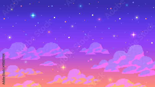 Starry sky at sunset background in pixel art style. Space, galaxy, cosmos, universe fantasy view background for computer game. 8 bit retro style vector illustration