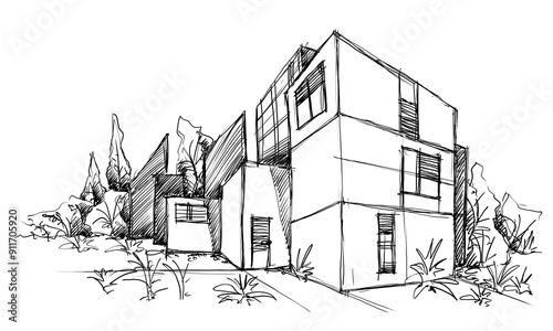 Architecture sketch of building, hand drawn architectectural sketch