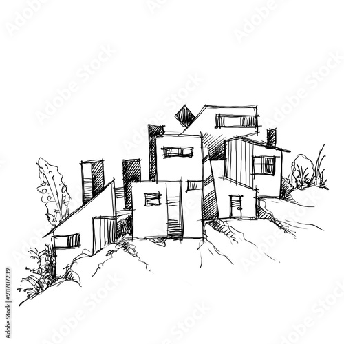 Architecture sketch of building, hand drawn architectectural sketch