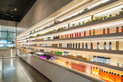 A modern cannabis dispensary interior, sleek shelves filled with colorful products, minimalist design, soft ambient lighting creating a calm and inviting atmosphere, focus on clean lines