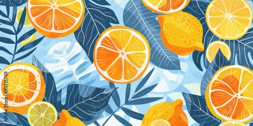 A vibrant flat illustration of lemons and oranges, with tropical leaves, creating an exotic summer pattern The background is a soft blue color that complements the bright colors Generative AI