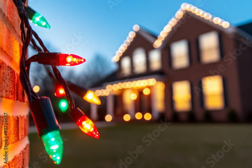 Close up view of festive Christmas lights on suburban house architecture 