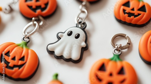 White ghost keychain laying on a white surface, surrounded by several jack o' lantern keychains, suggesting the upcoming halloween festivities