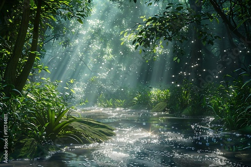 A quiet forest with a babbling brook, soft light rays filtering through dense canopy, illuminating the sparkling water and creating a serene and peaceful atmosphere