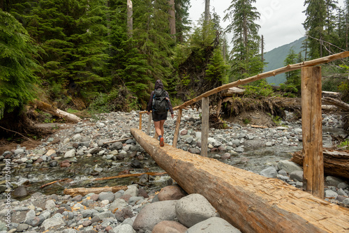 Hiker In Rain Gear Crosses Newly Made Log Bridge Along Carbon River