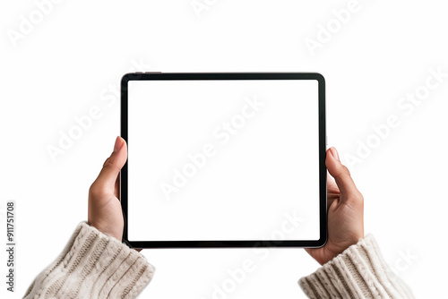 A man's hand using a tablet with the white screen, isolated from the background, graphic resource to replace