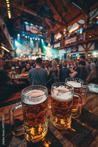 Beer steins on a table at a bustling Oktoberfest hall