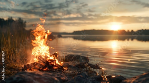 View of campfire burning by lake.