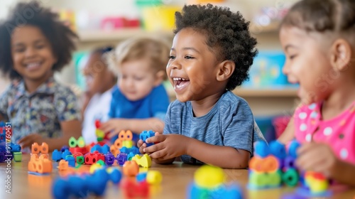 Closeup diverse little kids playing with colorful educational toys on blurred kindergarten room background