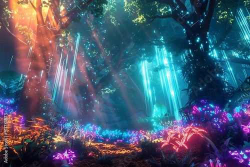 A serene forest with glowing plants, bioluminescent trees, and ethereal light beams. Mystical and enchanting, vibrant colors, dreamlike atmosphere