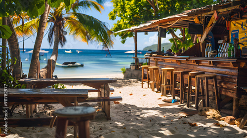 A vibrant beach bar with colorful tropical cocktails being served under a sunny sky.