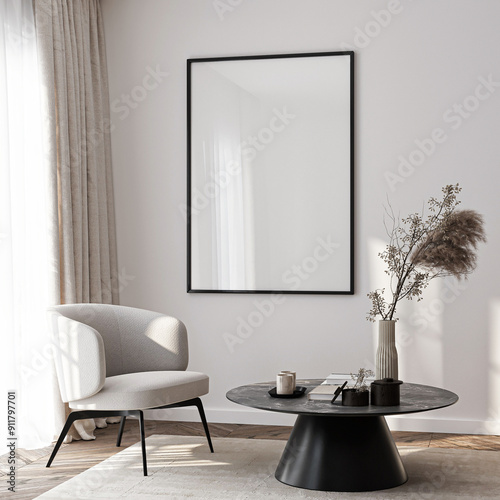 Frame mockup, ISO A paper size. Living room wall poster mockup. Interior mockup with house background. Modern interior design. 3D render 