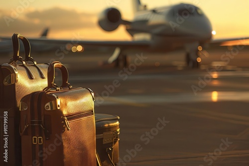 luxurious travel scene designer luggage on sunlit tarmac sleek private jet awaits in background golden hour glow evokes escapism and highend adventure