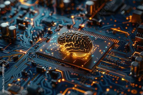 Glowing brain on computer motherboard with a central microchip, symbolizing artificial intelligence and advanced computing capabilities. AI technology