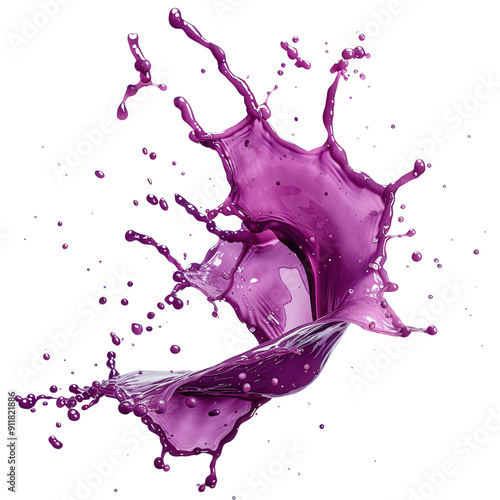 Dynamic splash of vibrant purple liquid caught mid-air, showcasing fluid motion and energetic color burst on black background.