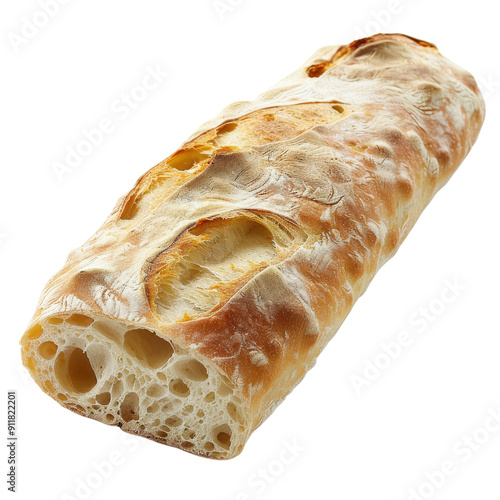 Freshly baked ciabatta bread, rustic artisan loaf with golden crust and airy crumb, isolated on white background