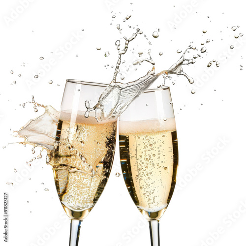 Two champagne glasses clinking with a splash, celebrating a special occasion with bubbly and festive cheer.