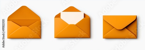 A clean and modern image featuring three orange envelopes in different stages of use, set against a white background. The first envelope is open, the second is partially filled with a blank card