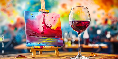 Colorful paint and sip watercolor canvas with red wine glass