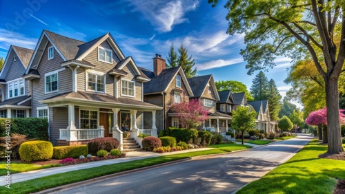 A new home neighborhood, A classic upper middle class neighborhood street with luxury single family homes. Generative AI.