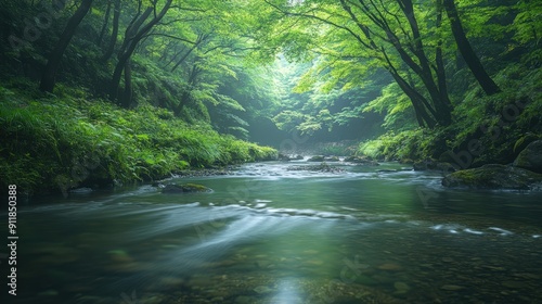 深い緑の森の中で、穏やかな川が静かに流れ、自然の息吹を感じさせる美しい光景が広がっています。