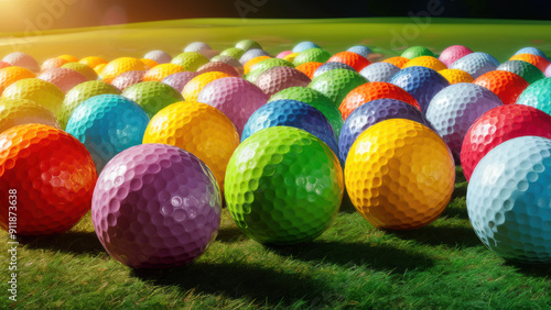 A large group of brightly colored golf balls on a green field, AI