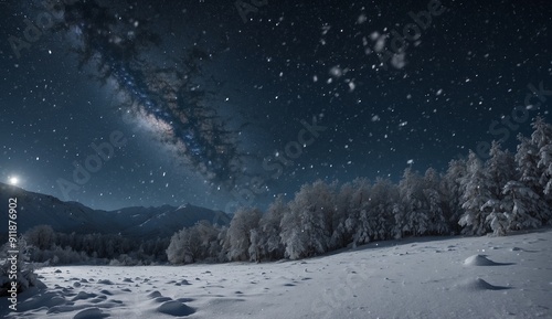 Star-filled snowy night with trees under a cosmos sky