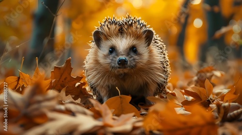 A small brown hedgehog is standing on a pile of leaves