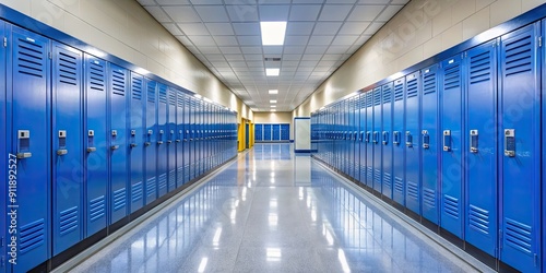 Blue metal lockers lining nondescript high school hallway with windows , high school, lockers, metal, blue, hallway