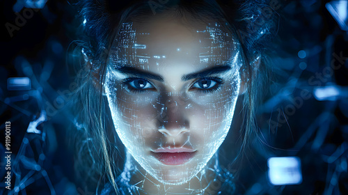 Futuristic cyborg woman with intense focused look portrayed with a glowing digital interface and technology infused features suggesting the convergence of human and machine in a dramatic high tech