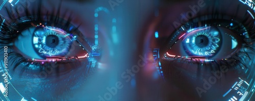 Cyber eyes with iridescent glow navigating digital interface, front view, highlighting advanced holographic design, technology tone, Splitcomplementary color scheme