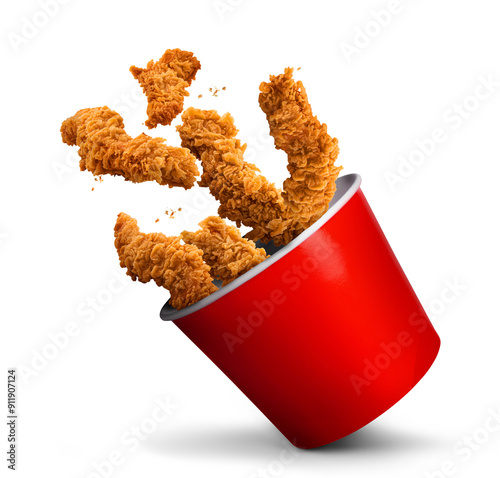 Fried Chicken hot crispy strips crunchy pieces of tenders in a Bucket - large Red box isolated in white background 