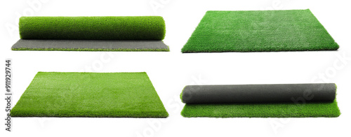 Green artificial turf isolated on white, set