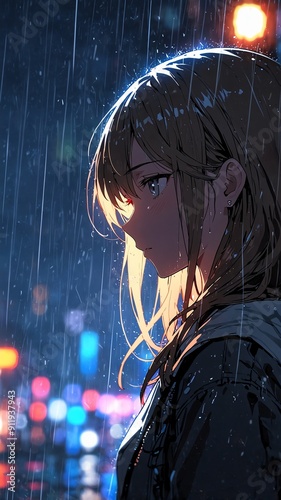 anime beautiful long hair in rain portrait character cartoon manga design illustration art 131