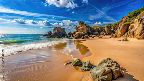 Sandy beach with outcrops of rock, sandy, beach, outcrop, rock, texture, nature, coast, ocean, sea, shoreline, landscape