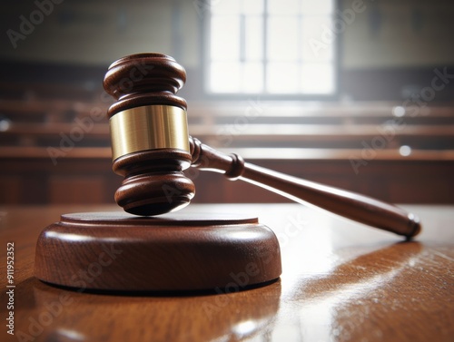 a wooden gavel resting on a sounding block in an empty courtroom, symbolizing justice and law.