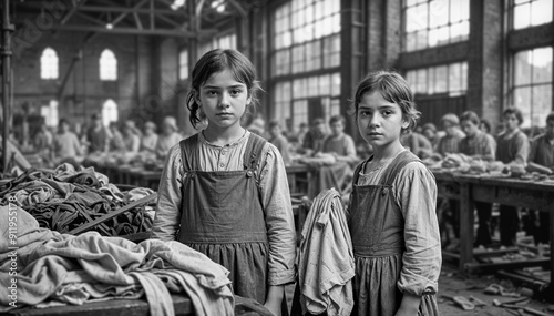 Portrait of Two Young Female Laborers in a Factory, Early 1900s - Generative AI