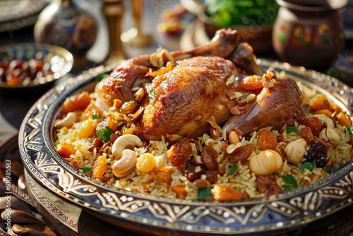 Kabsa on a large dish. Garnished with chicken grilled with nuts and raisins