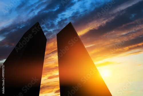 Silhouette of Towers at sunset. American Patriot Day banner.