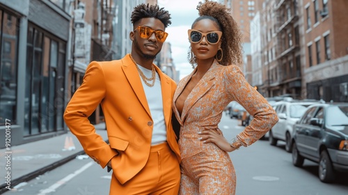 Urban Style Icons: A stylish couple radiates confidence in vibrant orange outfits, posing against a bustling city backdrop. 