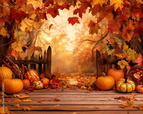 fall autumn vibes photo background backdrop with leaves and pumpkins and small wooden fence