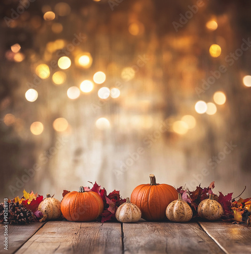 pumpkins on wood floor with out of focus lights in the distance for photo backdrop background