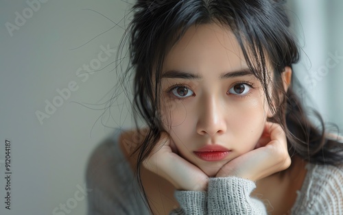 Sad, unhappy, Asian young woman alone, thinking about problem, realistic, emotional expression, feeling failure, detailed scene, highquality image