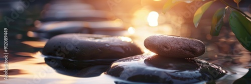 Close up of hot stone therapy session in a serene spa blank space