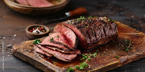 Classic Commonwealth Sunday Roast with Sliced Cold Cuts Roast Beef Seasoned with Thyme and Salt on Wooden Cutting Board