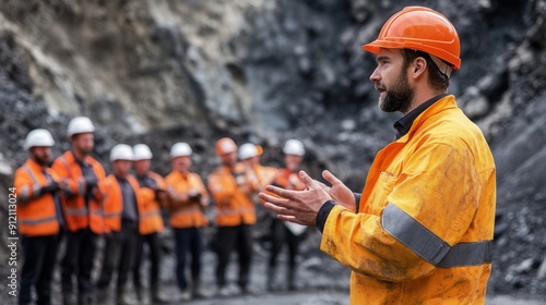 Resourceful miner conducting a safety briefing for a diverse team in a rugged mining site