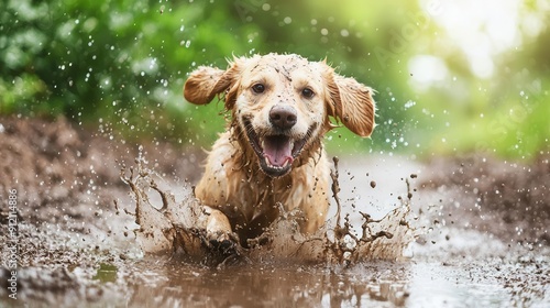 A joyful dog splashes through muddy water, radiating happiness in a vibrant outdoor setting, capturing a fun moment in nature.