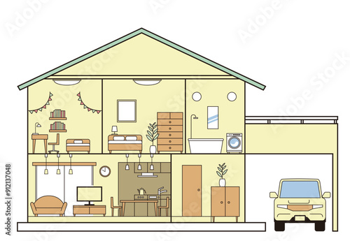 シンプルな住宅、一戸建て、家の断面図のイラスト 二階建て 駐車場と自動車 白背景