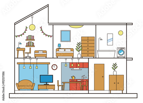 シンプルな住宅、一戸建て、家の断面図のイラスト 二階建て 白背景